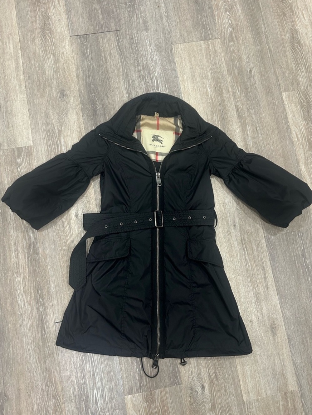 Burberry London Black Belted D-Ring Raincoat Zip Balloon Sleeve Packable Jacket